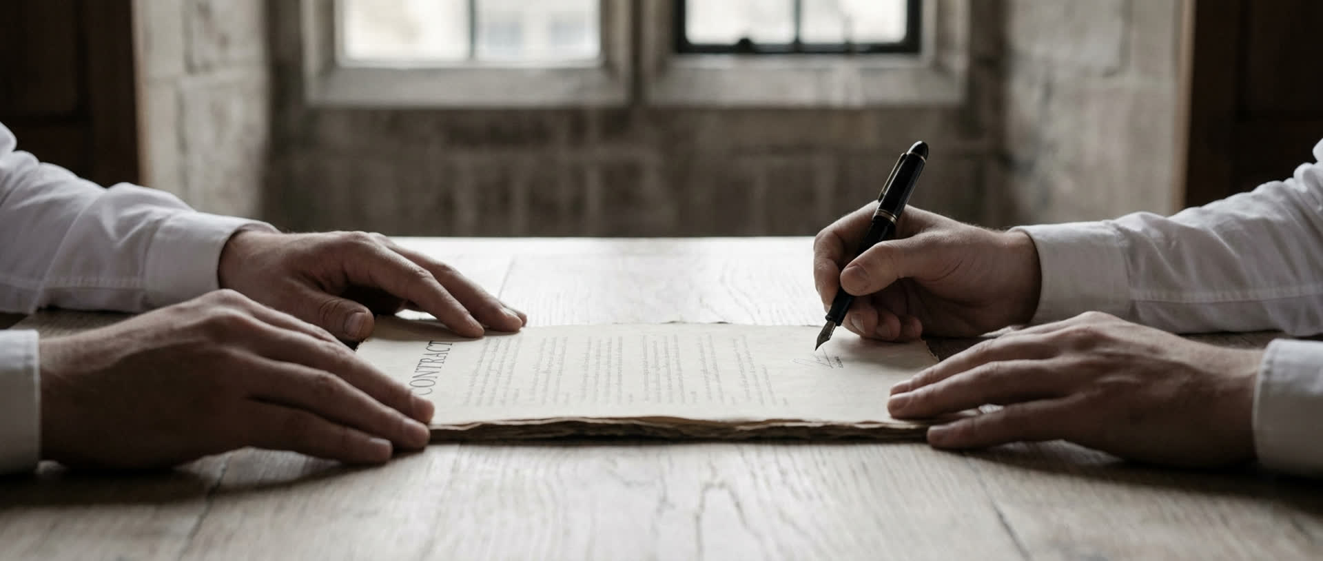 Two hands and one paper contract across a table