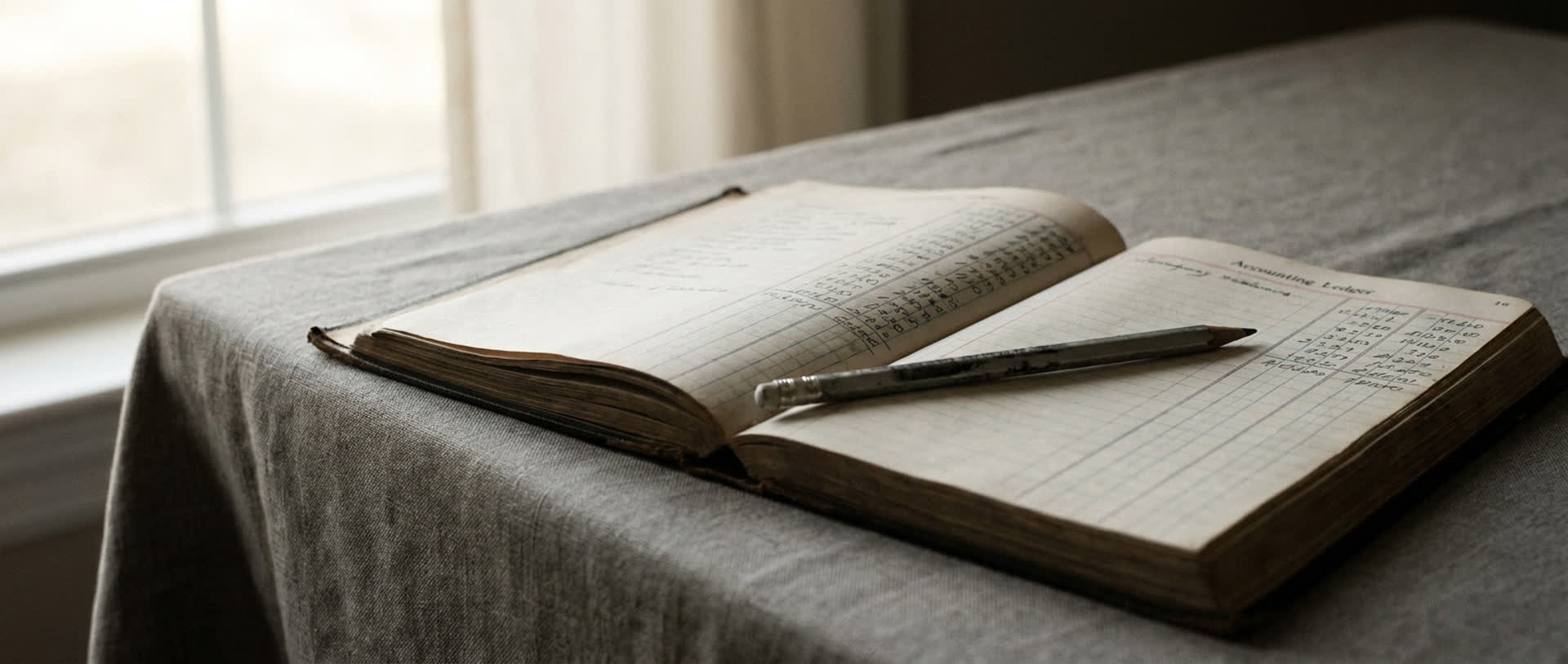 An open bound ledger with a pencil